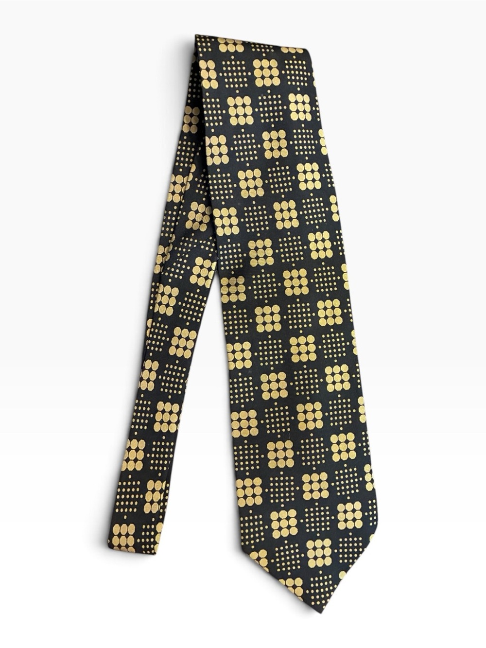 Giorgio Armani Black Italian Silk Tie with Gold Dot Cluster Pattern